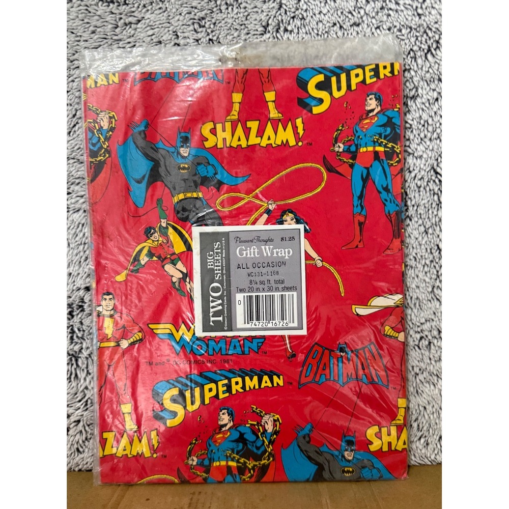 DC Comics Gift Wrap 1981 Vintage NOS Superman Batman Wonder Woman 2 Sheets